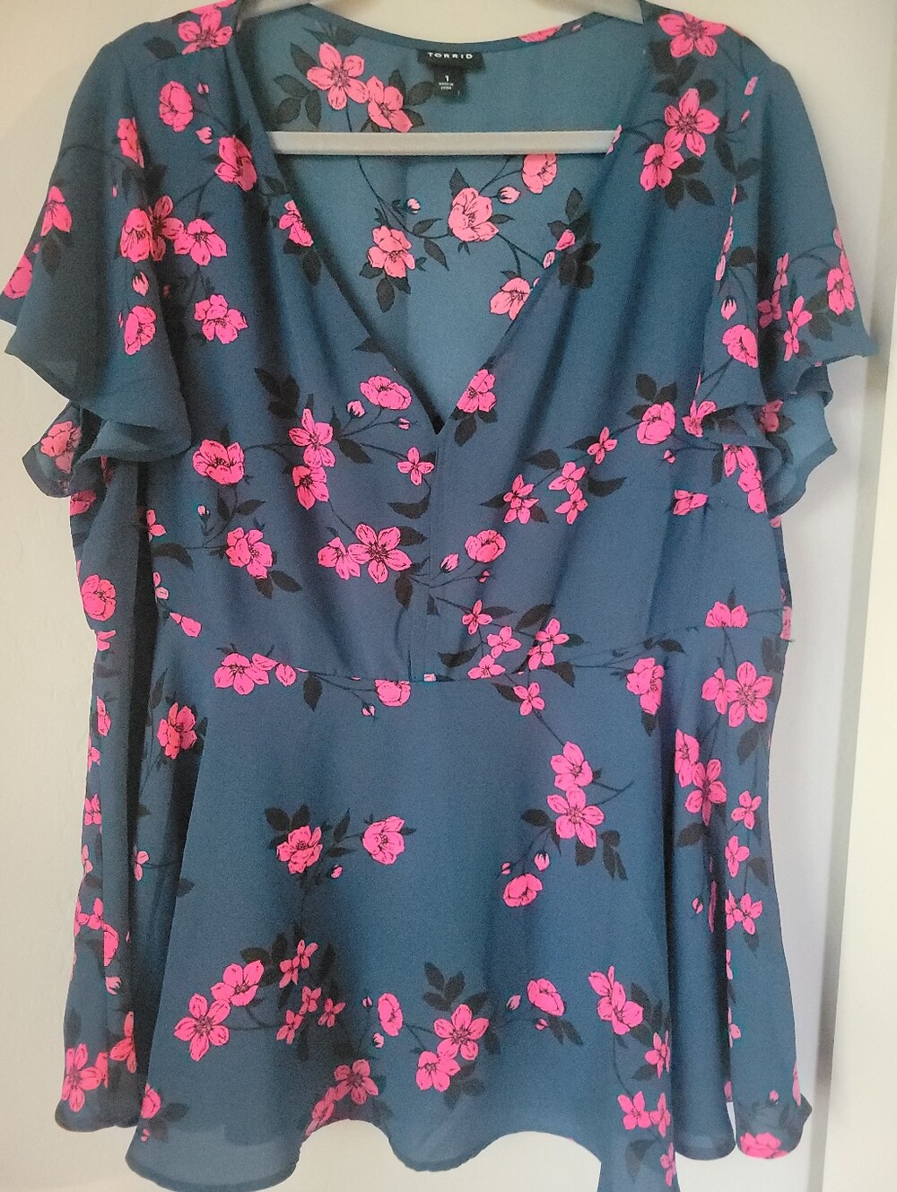 Torrid Teal Blouse With Pink Flowers